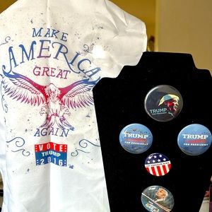 🦋 Trump Pins & Patriotic pin with small Trump Yard Flag from 2016 guc